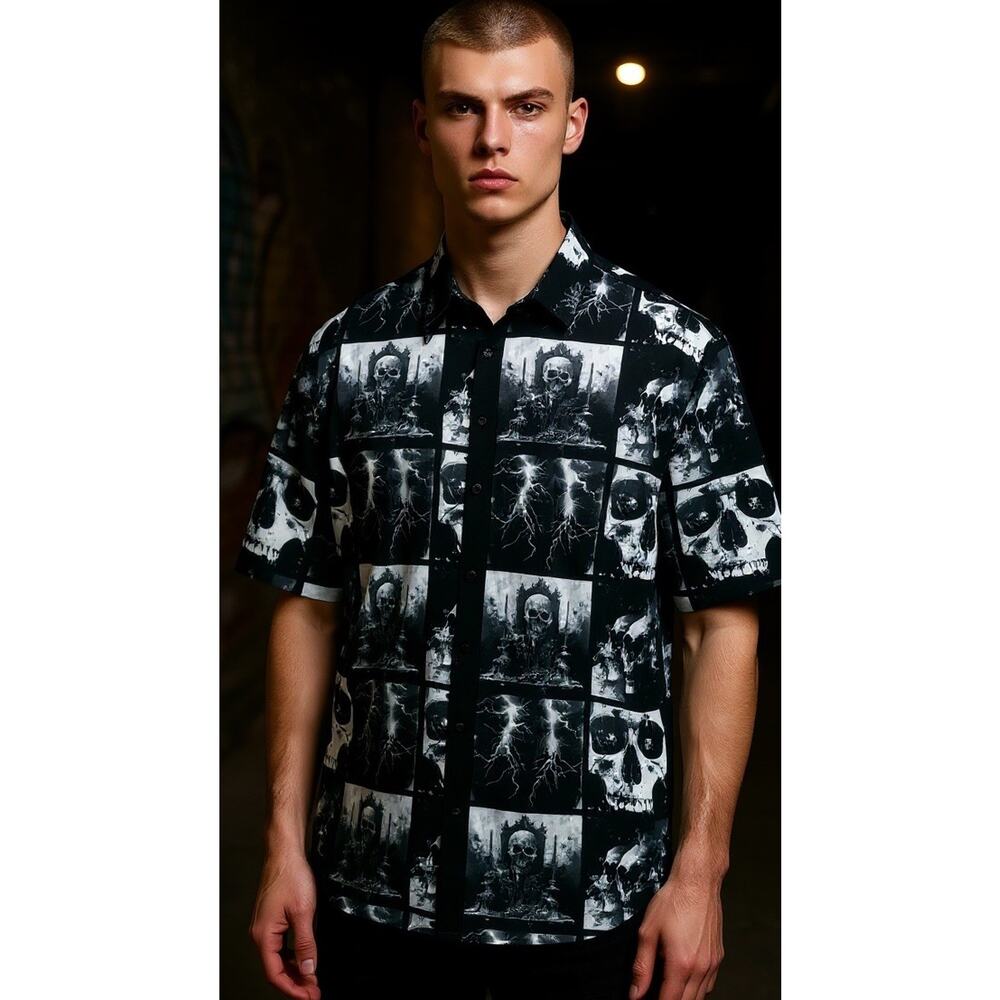 Social Collision Skulls & Lightning Button Up Shirt Men’s 3XL Short Sleeve New